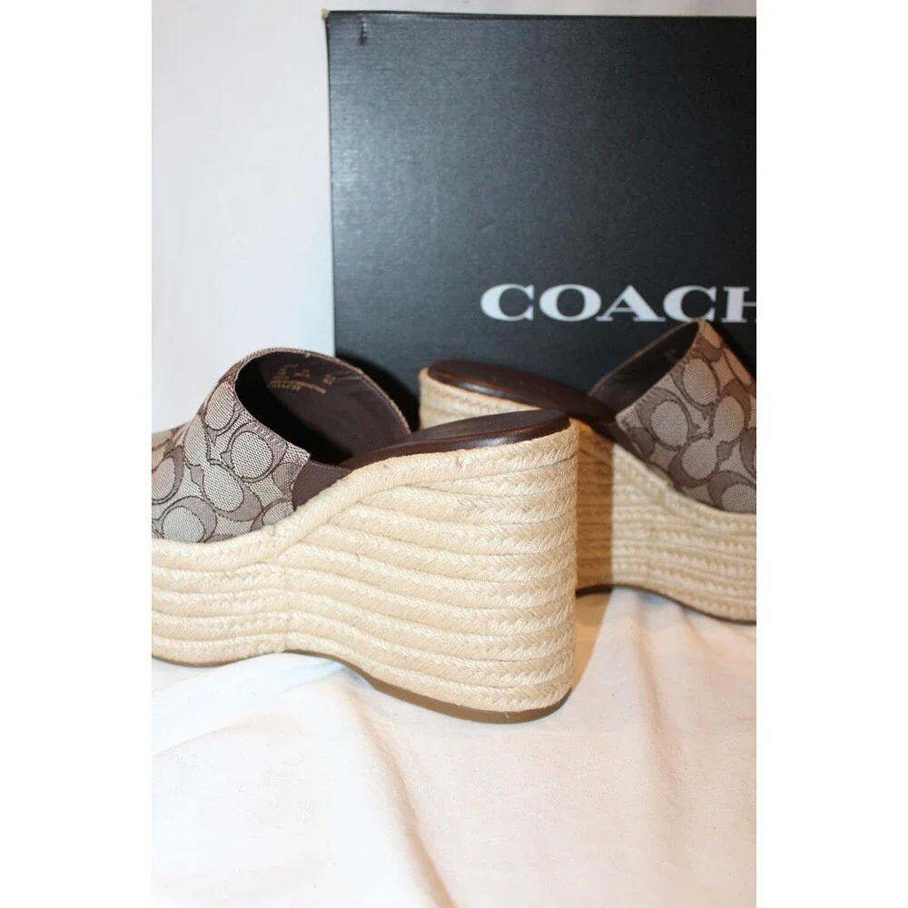 COACH Women Suede Espadrille Platform Wedge Slide Sandals OAK MAPLE NEW 9